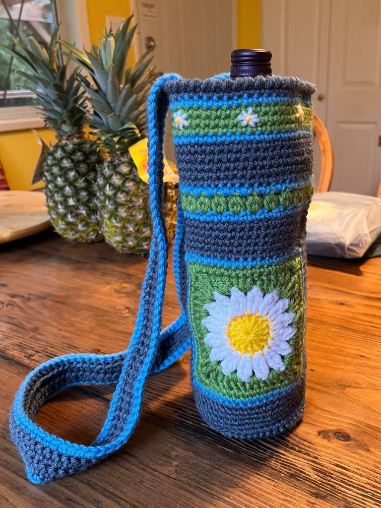 Wild Yarns project example - crocheted water bottle holder