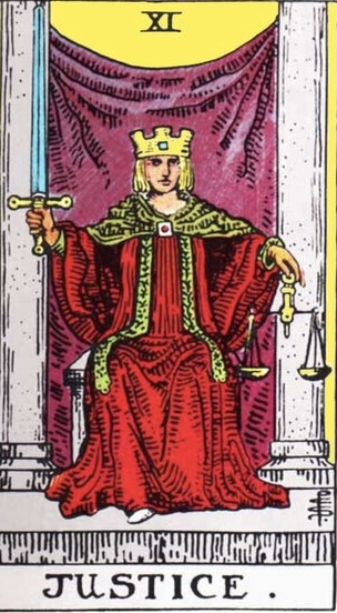 Justice card in the Rider Waite Tarot deck